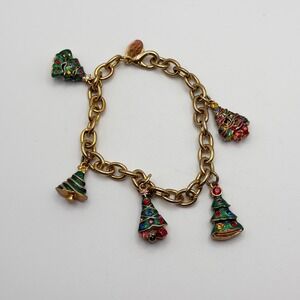 Christopher Radko Christmas Tree Charm Bracelet Gold Tone Enamel Rhinestone 7.25